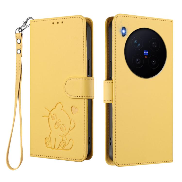 For vivo X300 Pro Embossed Heart Cat Leather Phone Case with Hand Strap