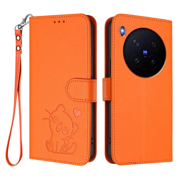 For vivo X300 Pro Embossed Heart Cat Leather Phone Case with Hand Strap