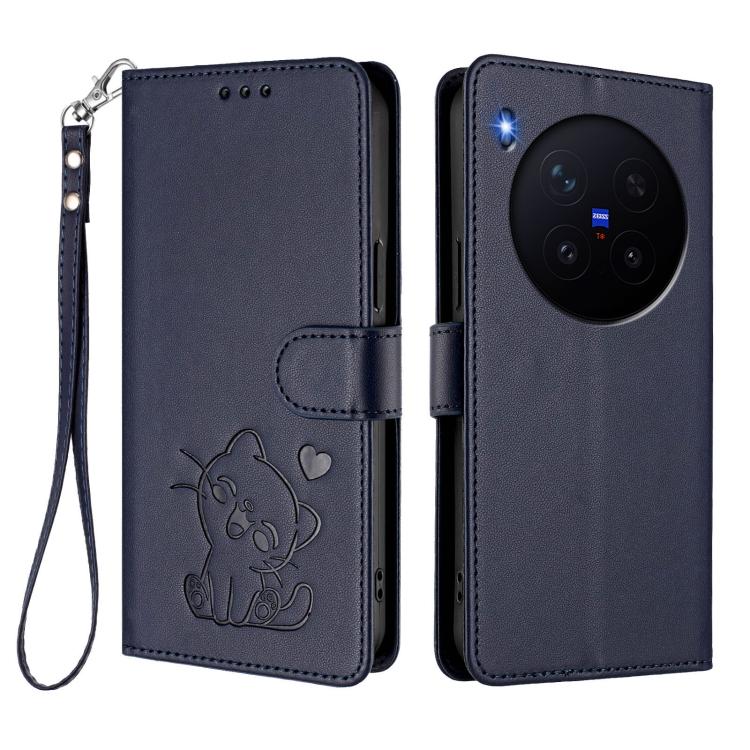 For vivo X300 Pro Embossed Heart Cat Leather Phone Case with Hand Strap