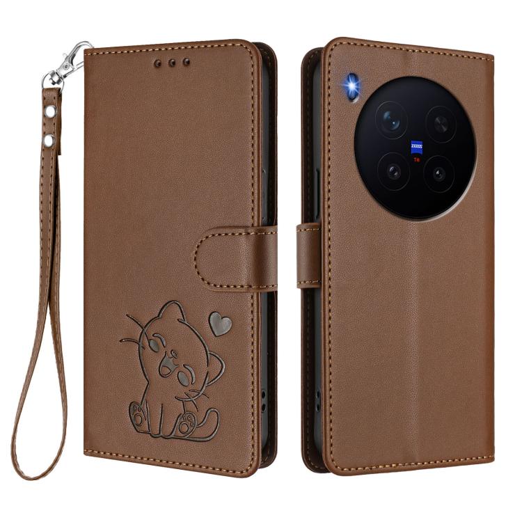 For vivo X300 Pro Embossed Heart Cat Leather Phone Case with Hand Strap
