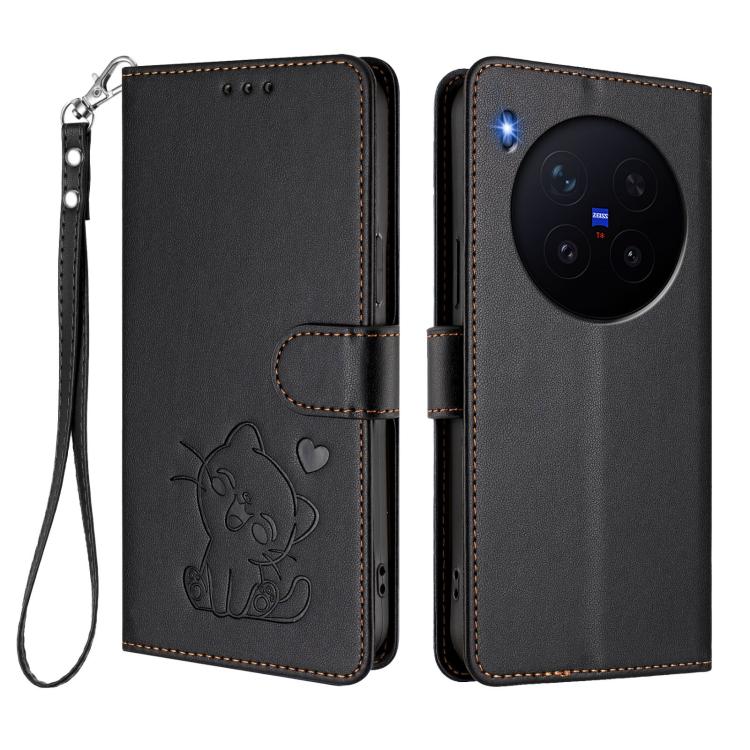 For vivo X300 Pro Embossed Heart Cat Leather Phone Case with Hand Strap