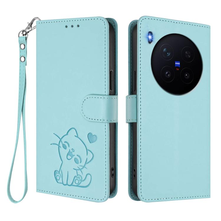 For vivo X300 Embossed Heart Cat Leather Phone Case with Hand Strap