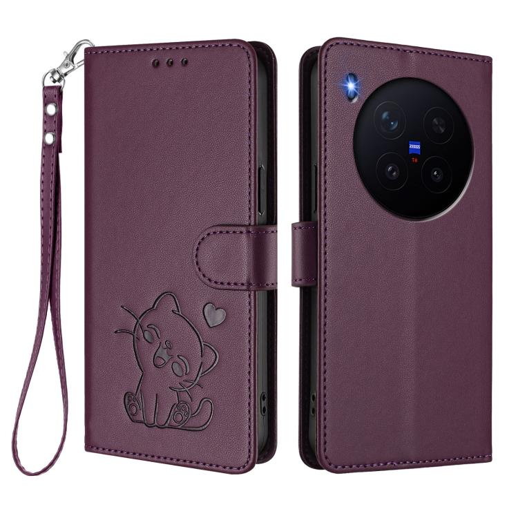 For vivo X300 Embossed Heart Cat Leather Phone Case with Hand Strap