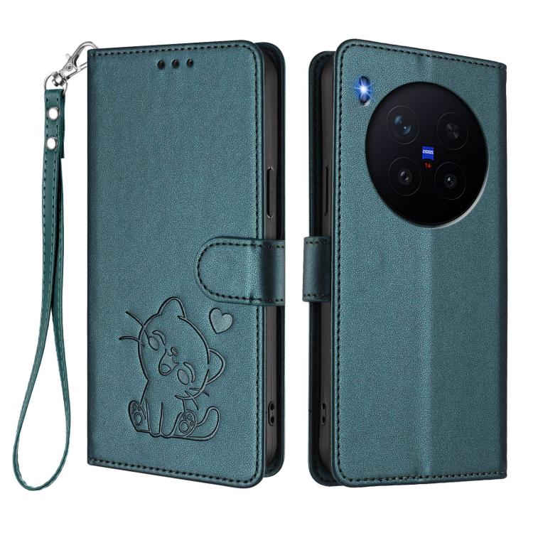 For vivo X300 Embossed Heart Cat Leather Phone Case with Hand Strap