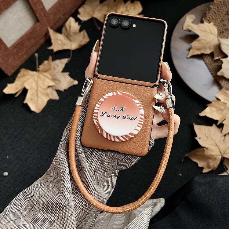 For Samsung Galaxy Z Flip7 5G Side Buckle MagSafe Magnetic PC Stand Phone Case with Lanyard - Brown