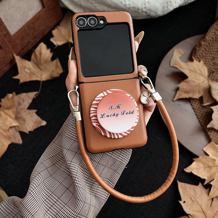 For Samsung Galaxy Z Flip5 5G Side Buckle MagSafe Magnetic PC Stand Phone Case with Lanyard - Brown