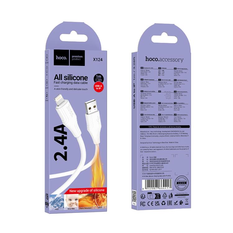 hoco X124 USB-A to 8 Pin Bien 2.4A Silicone Charging Data Cable, Length: 1m