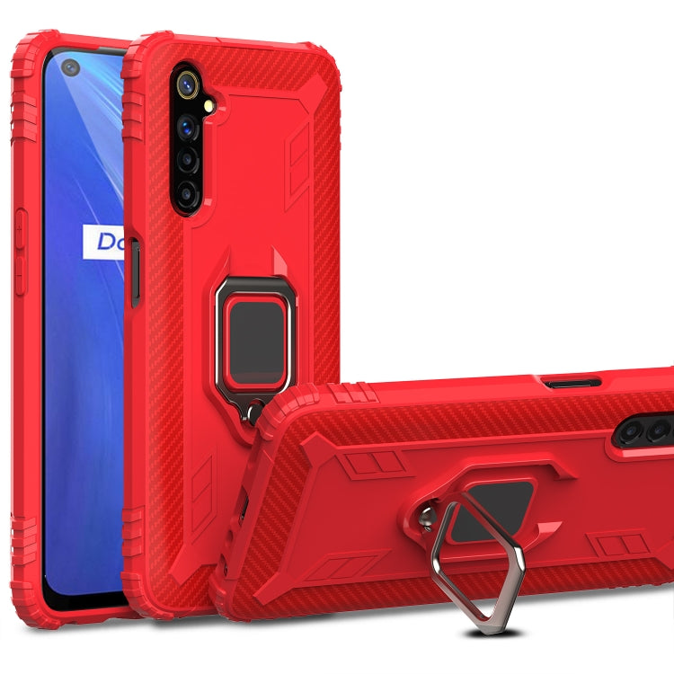 For OPPO Realme 6S Carbon Fiber Protective Case with 360 Degree Rotating Ring Holder(Red)