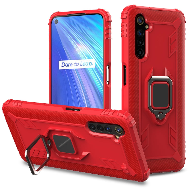 For OPPO Realme 6S Carbon Fiber Protective Case with 360 Degree Rotating Ring Holder(Red)