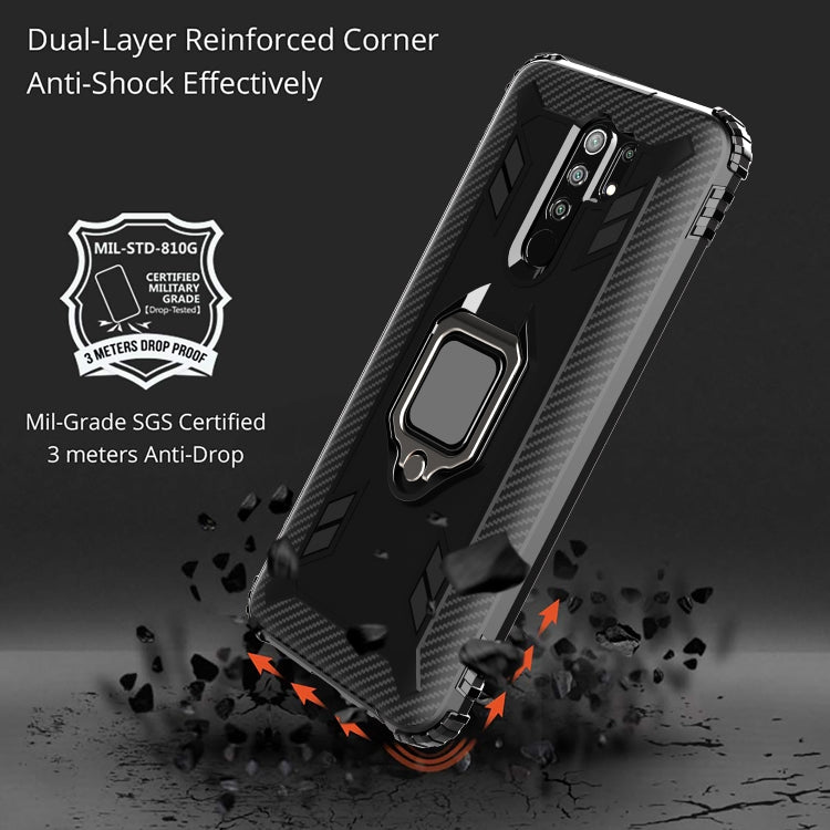 For Xiaomi Redmi 9 Prime Carbon Fiber Protective Case with 360 Degree Rotating Ring Holder(Black)