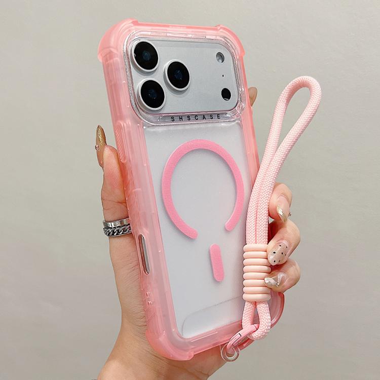 For iPhone 17 Pro Transparent Matte TPU Hybrid PC 3-in-1 MagSafe Phone Case with Wrist Strap