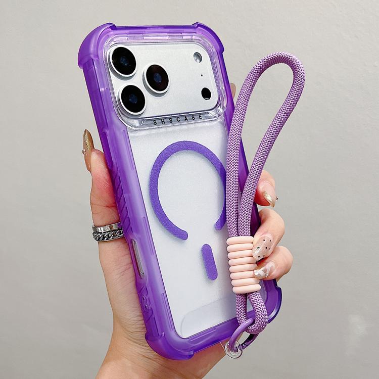 For iPhone 17 Pro Transparent Matte TPU Hybrid PC 3-in-1 MagSafe Phone Case with Wrist Strap