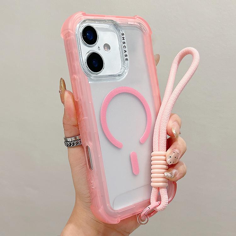 For iPhone 17 Transparent Matte TPU Hybrid PC 3-in-1 MagSafe Phone Case with Wrist Strap