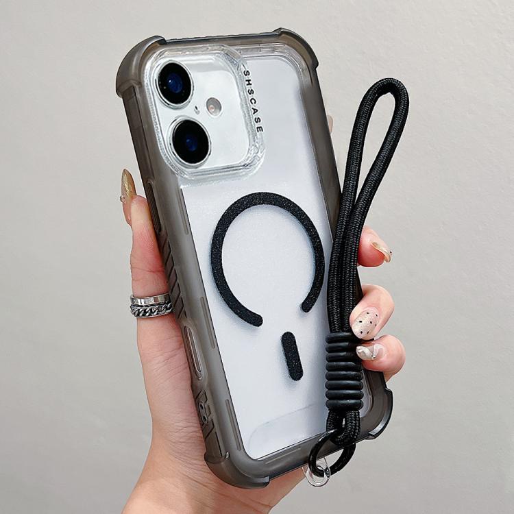 For iPhone 17 Transparent Matte TPU Hybrid PC 3-in-1 MagSafe Phone Case with Wrist Strap