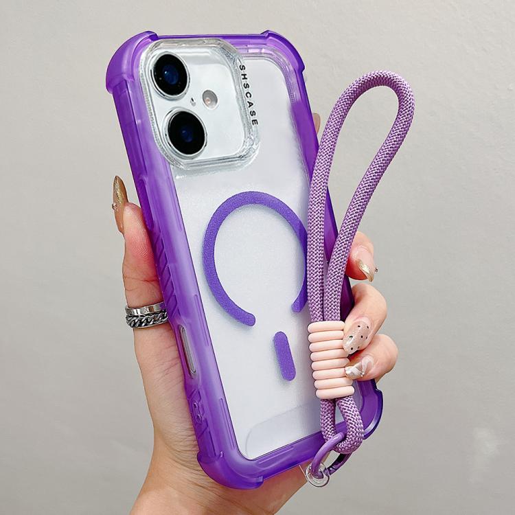 For iPhone 17 Transparent Matte TPU Hybrid PC 3-in-1 MagSafe Phone Case with Wrist Strap