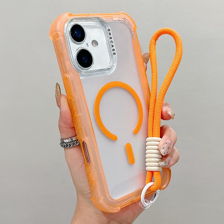 For iPhone 17 Transparent Matte TPU Hybrid PC 3-in-1 MagSafe Phone Case with Wrist Strap
