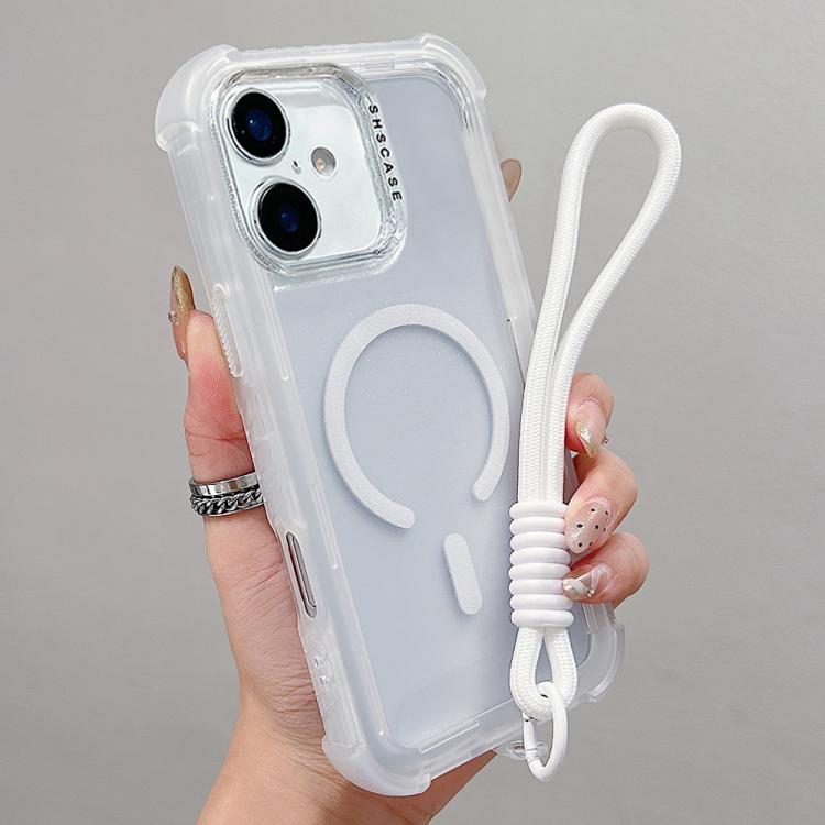 For iPhone 17 Transparent Matte TPU Hybrid PC 3-in-1 MagSafe Phone Case with Wrist Strap