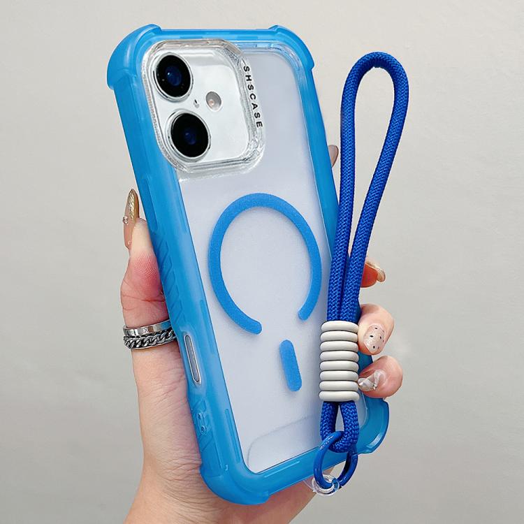 For iPhone 17 Transparent Matte TPU Hybrid PC 3-in-1 MagSafe Phone Case with Wrist Strap