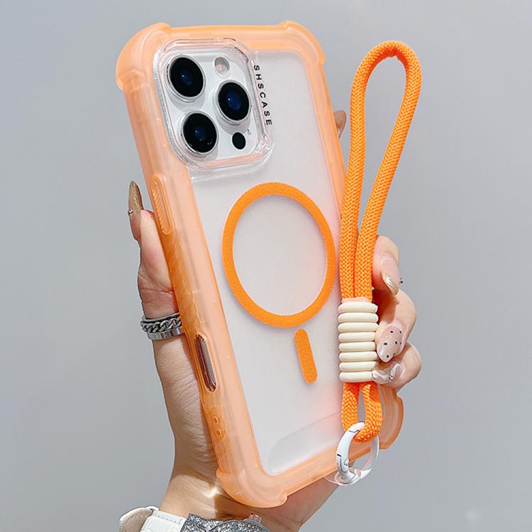 For iPhone 16 Pro Max Transparent Matte TPU Hybrid PC 3-in-1 MagSafe Phone Case with Wrist Strap