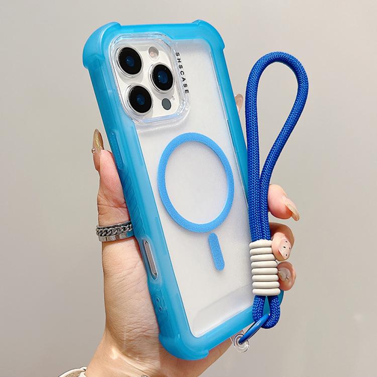 For iPhone 16 Pro Max Transparent Matte TPU Hybrid PC 3-in-1 MagSafe Phone Case with Wrist Strap