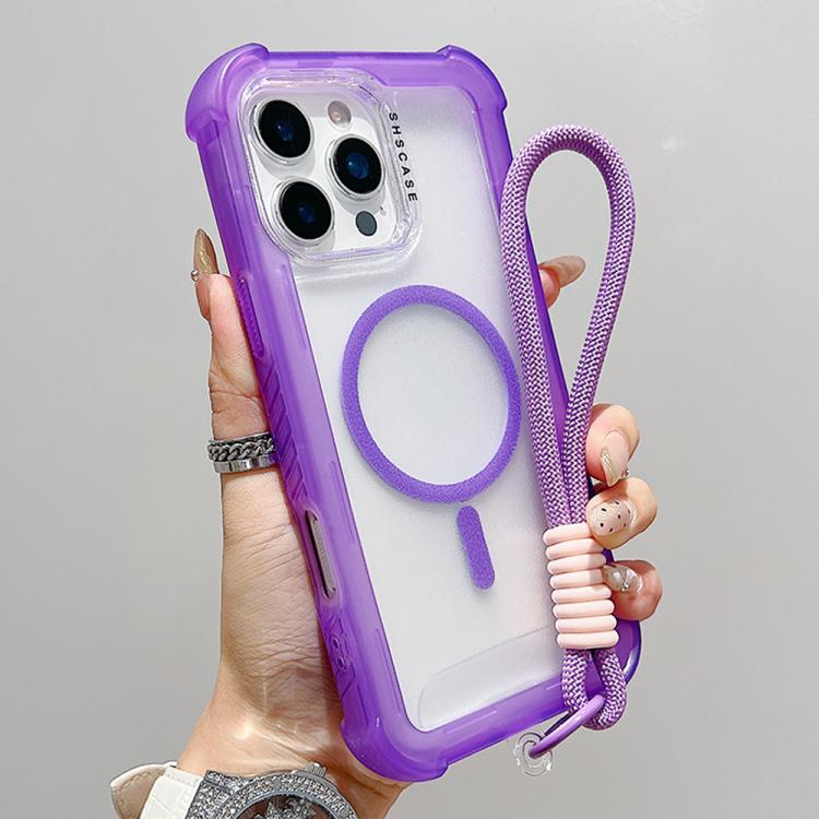 For iPhone 16 Pro Transparent Matte TPU Hybrid PC 3-in-1 MagSafe Phone Case with Wrist Strap