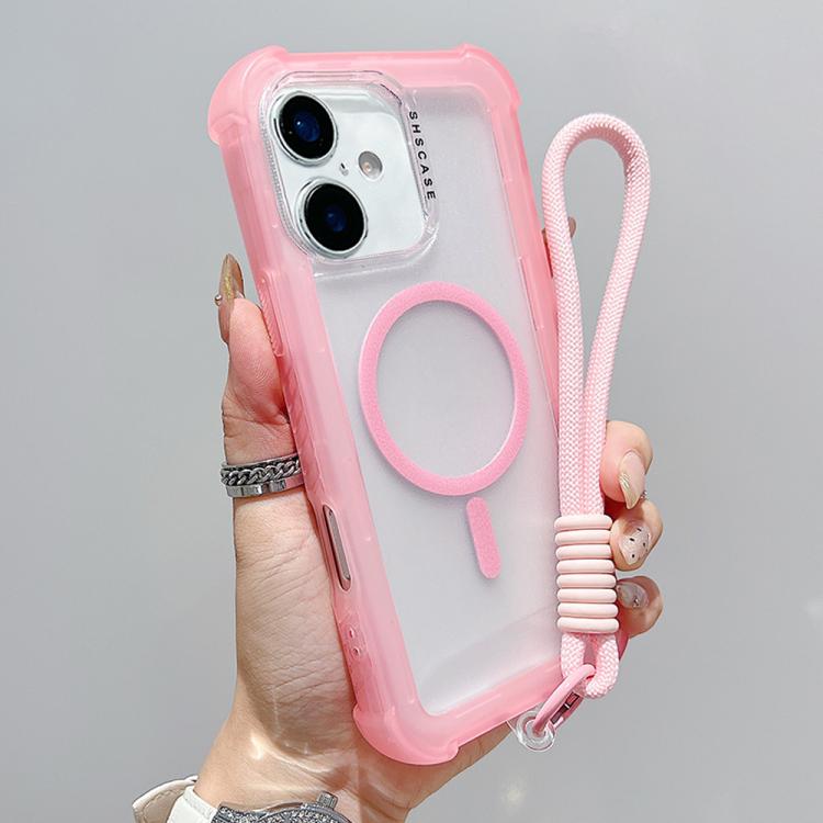For iPhone 16 Plus Transparent Matte TPU Hybrid PC 3-in-1 MagSafe Phone Case with Wrist Strap