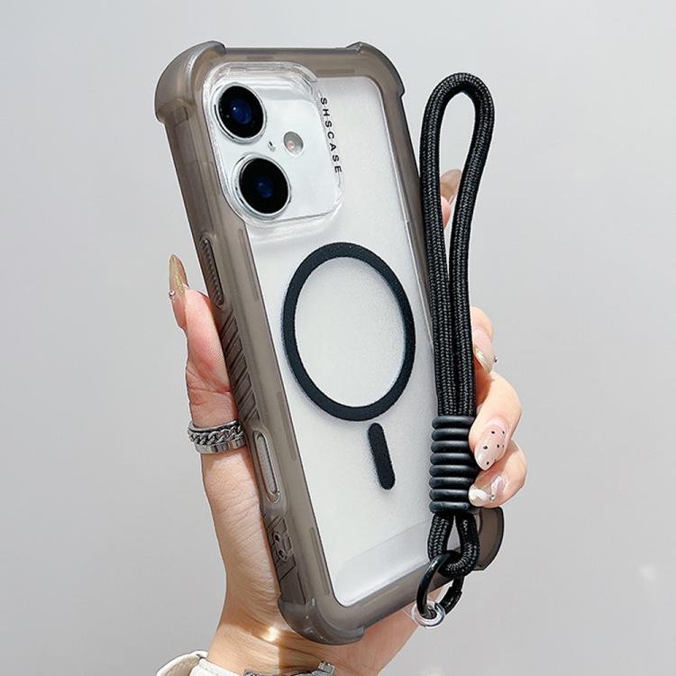 For iPhone 16 Plus Transparent Matte TPU Hybrid PC 3-in-1 MagSafe Phone Case with Wrist Strap