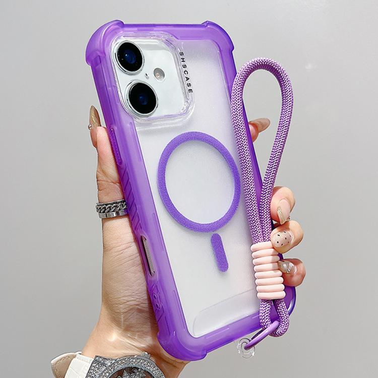 For iPhone 16 Plus Transparent Matte TPU Hybrid PC 3-in-1 MagSafe Phone Case with Wrist Strap