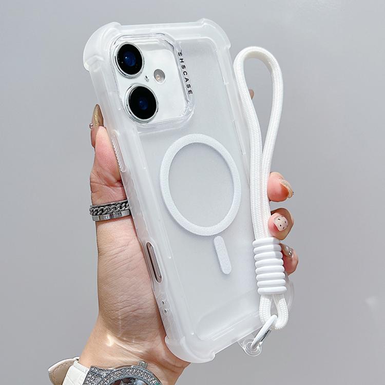 For iPhone 16 Plus Transparent Matte TPU Hybrid PC 3-in-1 MagSafe Phone Case with Wrist Strap
