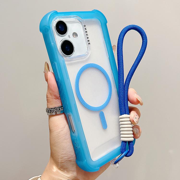 For iPhone 16 Plus Transparent Matte TPU Hybrid PC 3-in-1 MagSafe Phone Case with Wrist Strap
