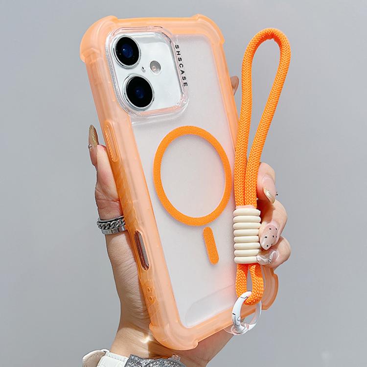 For iPhone 16 Transparent Matte TPU Hybrid PC 3-in-1 MagSafe Phone Case with Wrist Strap