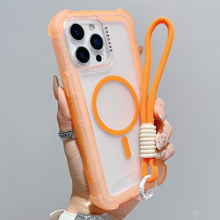 For iPhone 15 Pro Max Transparent Matte TPU Hybrid PC 3-in-1 MagSafe Phone Case with Wrist Strap