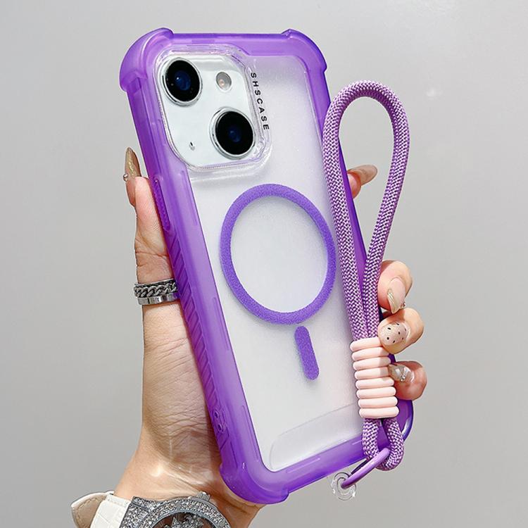For iPhone 15 Plus Transparent Matte TPU Hybrid PC 3-in-1 MagSafe Phone Case with Wrist Strap