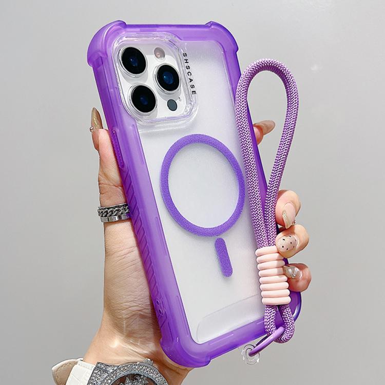 For iPhone 14 Pro Transparent Matte TPU Hybrid PC 3-in-1 MagSafe Phone Case with Wrist Strap