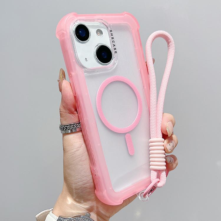For iPhone 14 Transparent Matte TPU Hybrid PC 3-in-1 MagSafe Phone Case with Wrist Strap