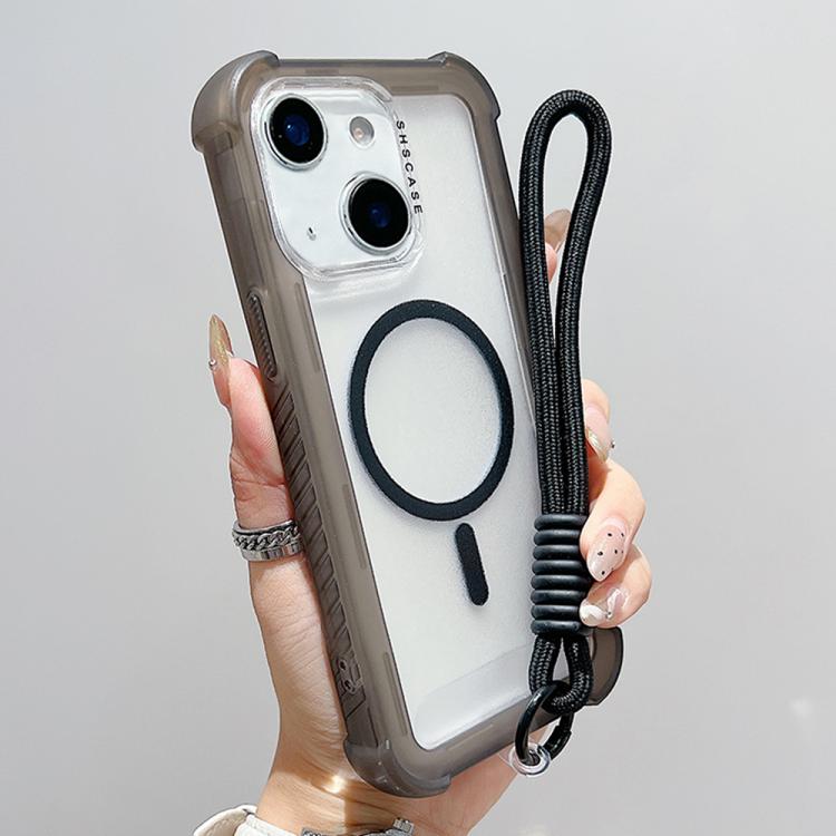 For iPhone 14 Transparent Matte TPU Hybrid PC 3-in-1 MagSafe Phone Case with Wrist Strap