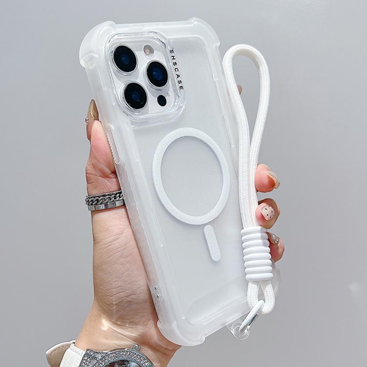 For iPhone 13 Pro Max Transparent Matte TPU Hybrid PC 3-in-1 MagSafe Phone Case with Wrist Strap