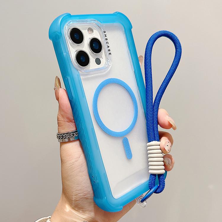 For iPhone 13 Pro Max Transparent Matte TPU Hybrid PC 3-in-1 MagSafe Phone Case with Wrist Strap