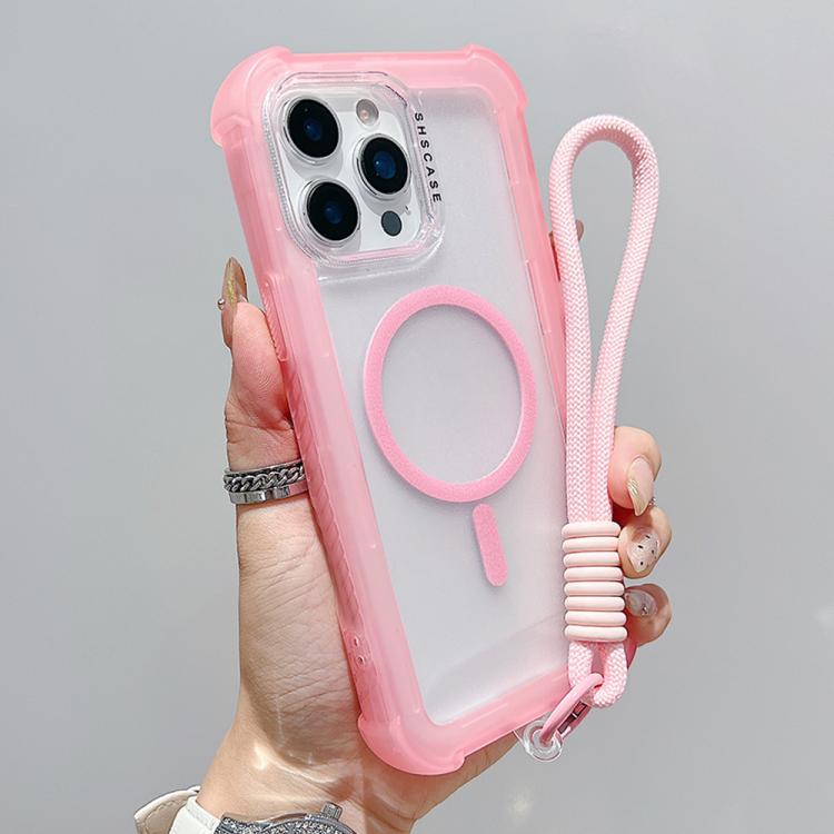 For iPhone 13 Pro Transparent Matte TPU Hybrid PC 3-in-1 MagSafe Phone Case with Wrist Strap
