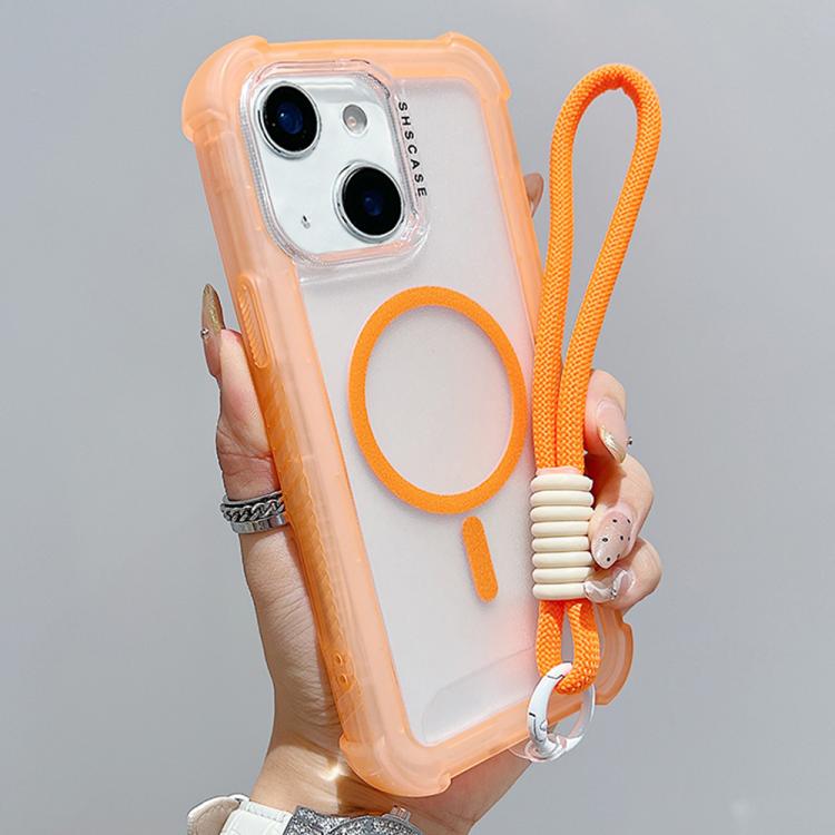 For iPhone 13 Transparent Matte TPU Hybrid PC 3-in-1 MagSafe Phone Case with Wrist Strap