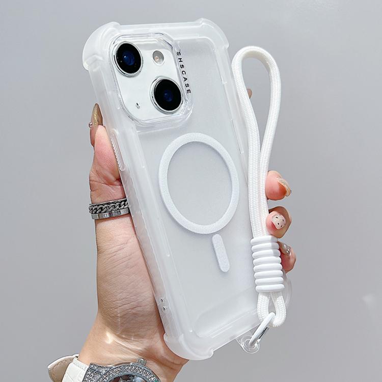For iPhone 13 Transparent Matte TPU Hybrid PC 3-in-1 MagSafe Phone Case with Wrist Strap