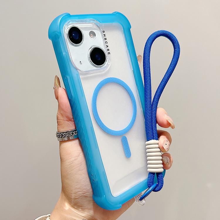 For iPhone 13 Transparent Matte TPU Hybrid PC 3-in-1 MagSafe Phone Case with Wrist Strap