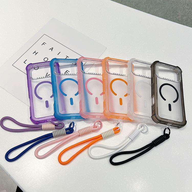 For iPhone 16 Pro Max Transparent Matte TPU Hybrid PC 3-in-1 MagSafe Phone Case with Wrist Strap
