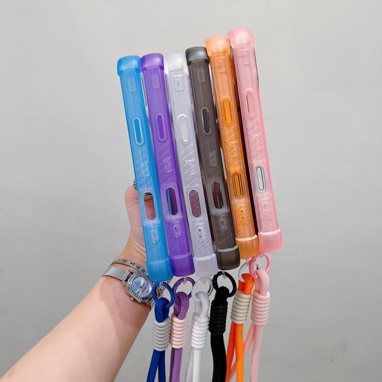 For iPhone 15 Plus Transparent Matte TPU Hybrid PC 3-in-1 MagSafe Phone Case with Wrist Strap
