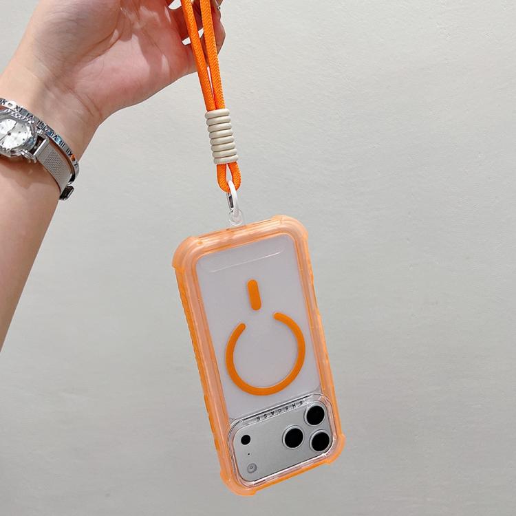 For iPhone 15 Plus Transparent Matte TPU Hybrid PC 3-in-1 MagSafe Phone Case with Wrist Strap