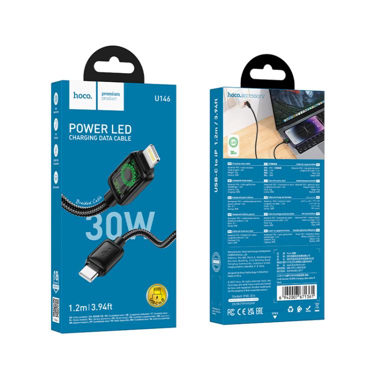hoco U146 Mundo 1.2m PD30W Type-C to 8 Pin Charging Data Cable with LED - Black