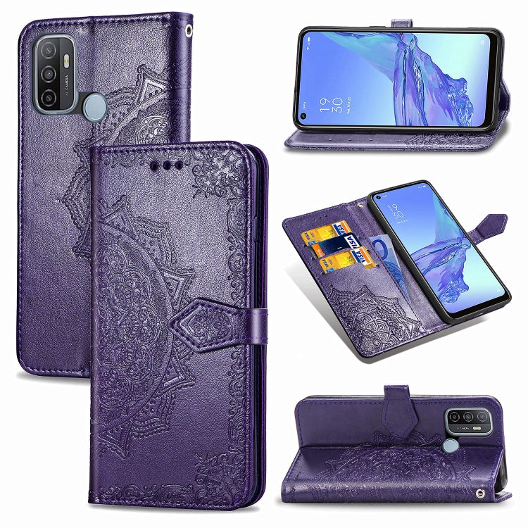 For OPPO A53 2020 Embossed Mandala Pattern TPU + PU Horizontal Flip Leather Case with Holder & Three Card Slots & Wallet