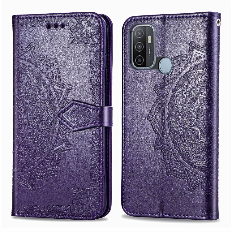 For OPPO A53 2020 Embossed Mandala Pattern TPU + PU Horizontal Flip Leather Case with Holder & Three Card Slots & Wallet