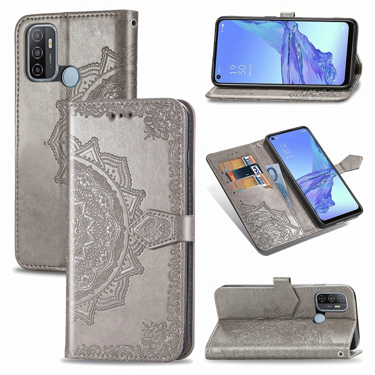 For OPPO A53 2020 Embossed Mandala Pattern TPU + PU Horizontal Flip Leather Case with Holder & Three Card Slots & Wallet