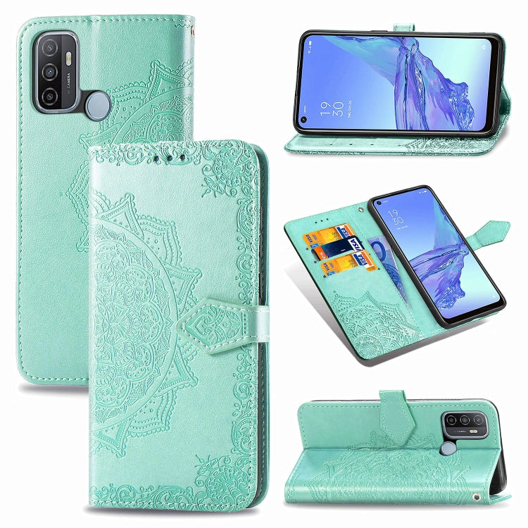 For OPPO A53 2020 Embossed Mandala Pattern TPU + PU Horizontal Flip Leather Case with Holder & Three Card Slots & Wallet
